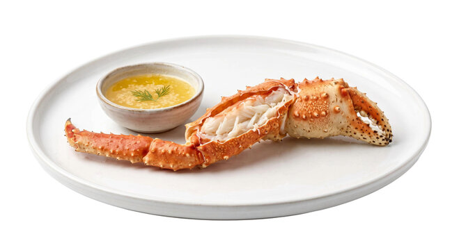 Steamed king crab leg served with melted butter and dill on a white plate