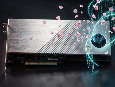 Modern graphics card with digital code and floating pink cherry blossom petals