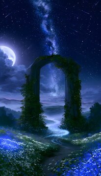 Mystical stone archway leads to a glowing path under a starry night sky in an ethereal fantasy land