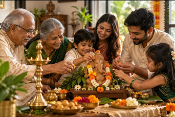 Fototapeta premium Indian Family Celebrating Ganesh Chaturthi at Home