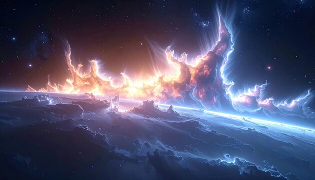 Luminous Cosmic Nebula Gases Ignite in Stellar Formation Display Over Distant Planet