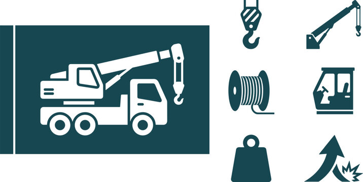 Set of construction crane icons, including mobile crane, hook, cable reel, operator cabin, weight, and lifting symbol