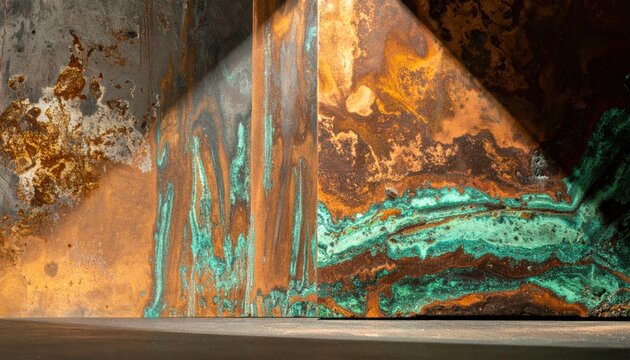Close-up view of richly textured, oxidized copper surface showcasing vibrant verdigris patina and aged rust patterns