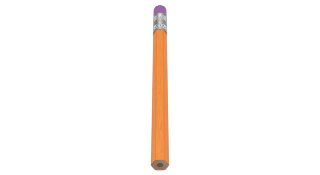 A single hexagonal orange pencil with a purple eraser and graphite tip