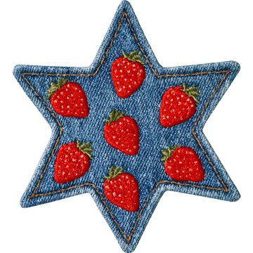 Denim star shaped patch featuring red strawberry embroidery, creating a vibrant y2k scrapbook or collage element, with a transparent background