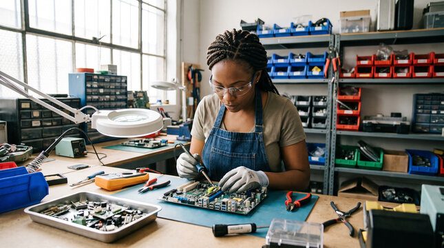 Black female technician soldering circuit board at workshop table repairing electronic components. Concept of upcycling, process, worker, module, repair woman.