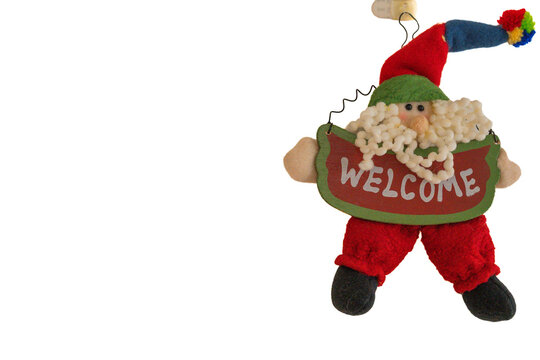 Horizontal View Plush Santa Claus Decoration with Welcome Sign and Copy Space