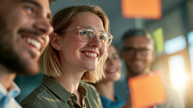 Smiling diverse young professionals brainstorming with sticky notes in office
