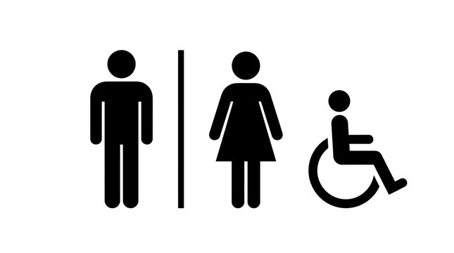 Black toilet restroom signs for men women and disabled people isolated on white background