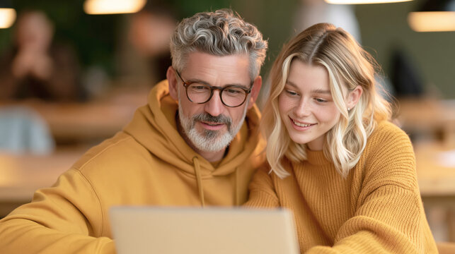 Mature man and young woman using laptop together in casual cozy setting