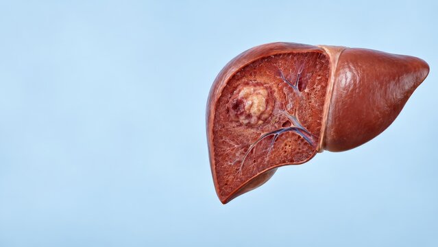 Human liver with tumor cross section on blue background. 3D medical illustration of liver cancer, cirrhosis and hepatitis. Anatomy of diseased organ for hepatology, medicine and health education