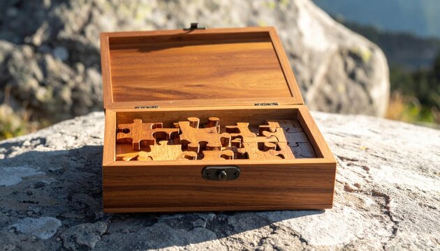 Open wooden puzzle box with scattered interlocking pieces resting outdoors on stone surface
