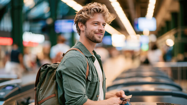 Young man traveler with backpack using smartphone at busy airport terminal