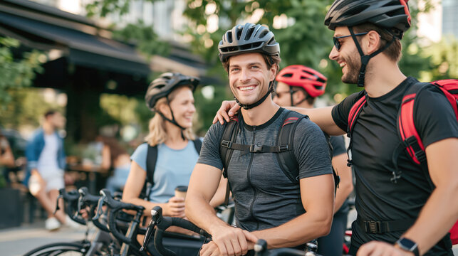 Young adults wearing helmets and casual clothes enjoying bicycle ride outdoors
