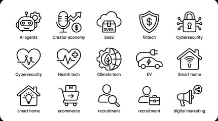 Obraz premium Technology and business icons set including ai agents creator economy saas and fintech solutions.