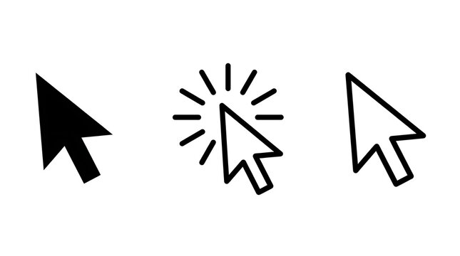 Set of black computer mouse cursor arrow icons for web design and user interface navigation elements isolated on white background