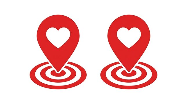 Two red map pointer icons with white heart symbols for location finding