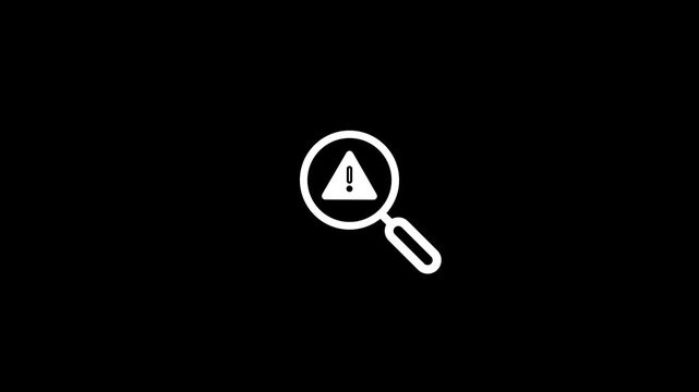 White magnifying glass icon with an exclamation mark triangle inside on black background