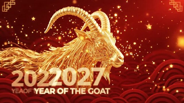 Golden goat sculpture representing the chinese zodiac sign for the year 2027, featuring intricate wirelike texture against a festive red background with decorative patterns