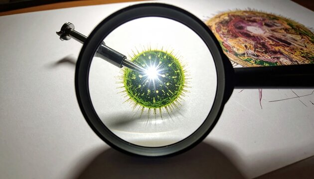 Magnifying glass revealing detailed microscopic organism with bright central light