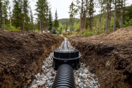 Trench drainage pipe sewage system installation well underground and gravel stone. Construction site engineering, drain system, piping laying, plumbing utilities, mineral supply services. Outdoor work