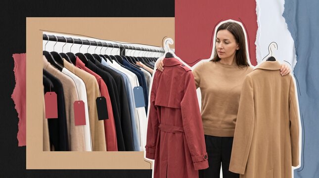 Woman comparing two coats at a fashion store rack in a modern Black Friday collage about browsing seasonal sales and making a purchase decision
