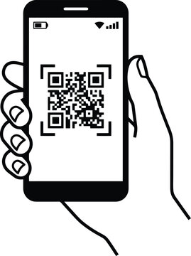 Scan QR code with smartphone line icon vector illustration, hand holding phone for contactless payment
