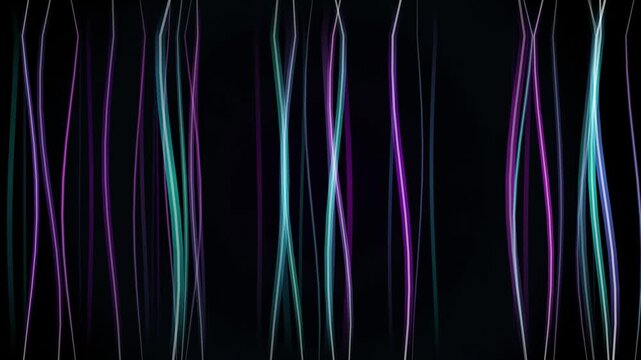 Abstract glowing fiber optic lines, neon purple and blue light trails on black background, futuristic data stream motion graphics