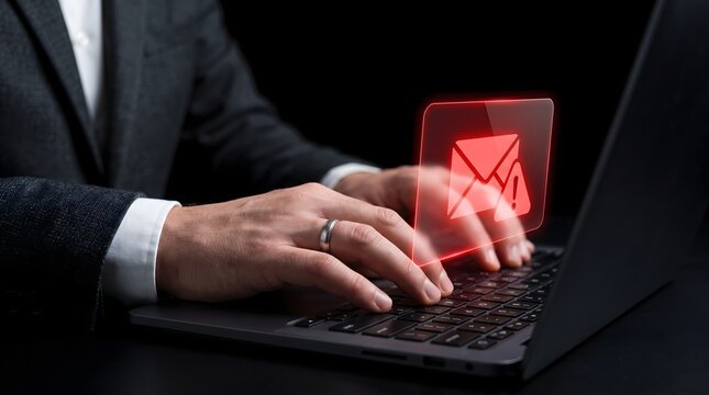 A businessman typing on a laptop with a glowing red email and exclamation mark hologram.