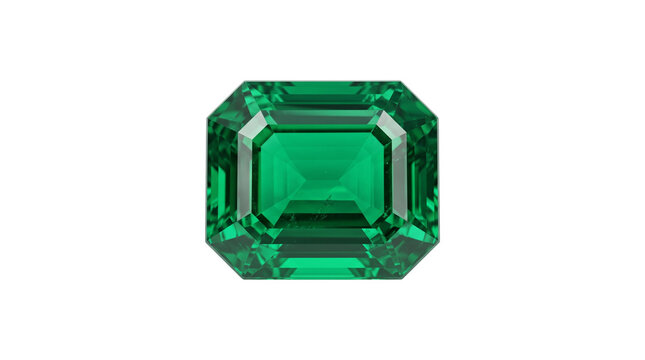 Radiant emerald gemstone featuring emerald cut facets displaying vibrant green color isolated on white background
