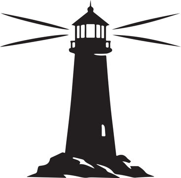Coastal lighthouse line icon with tower, lantern room, roof and light rays for maritime designs set