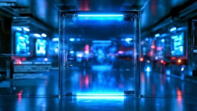 Futuristic illuminated gateway with blue and red neon lights in a high-tech laboratory or spacecraft corridor, representing advanced technology and digital security