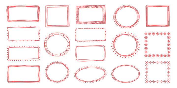 Set of hand drawn doodle frames and borders in pink color for creative design projects and scrapbooking