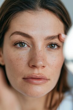 Woman examining facial contours in hand mirror during clinic consultation