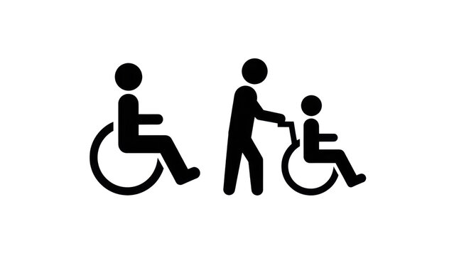 Black silhouette icons of a person in a wheelchair and an assistant helping patient
