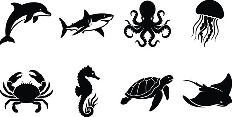 Fototapeta premium Marine Animal Silhouette Collection Featuring Dolphin Shark Octopus Jellyfish Crab Seahorse Turtle and Stingray