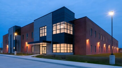 Obraz premium Modern institutional building with brick and glass facade illuminated at dusk under clear sky