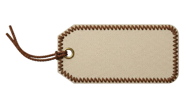 Blank beige paper tag with brown stitched edges and a string for product pricing
