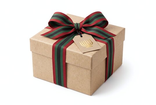 kwanzaa holiday gift box with pan african ribbon and kinara tag isolated on white - ai generated