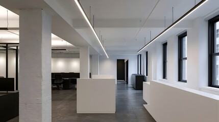 Obraz premium A modern minimalist office interior with white columns suspended lighting and large along a long corridor