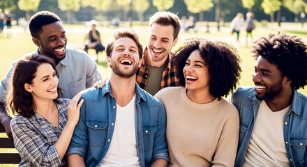 Obraz premium Happy Diverse Group of Friends Laughing Outdoors on Sunny Summer Day