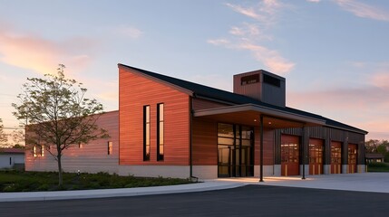 Obraz premium Modern fire station with wooden siding and glass doors under warm sunset sky featuring covered entry and multiple bay doors