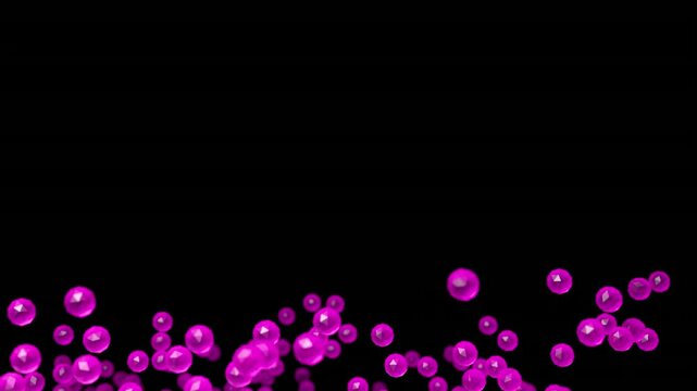 Vivid magenta low poly spheres rise smoothly into a black space. Glowing pink faceted beads float gently upward with elegant motion.
