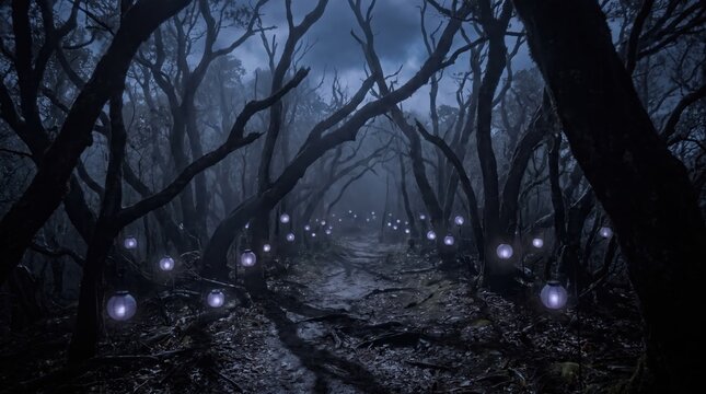 Mysterious Dark Forest Path with Glowing Orbs in Misty Night