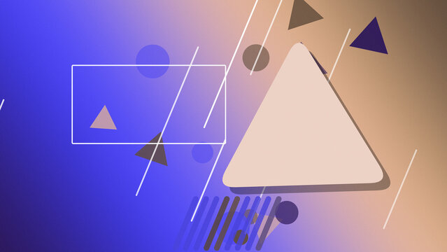 A large cream triangle dominates a sophisticated blue and tan gradient, accompanied by circles, smaller triangles, and parallel strokes for polished editorial layouts.