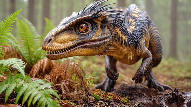 Feathered dinosaur sniffing large footprint in prehistoric forest. Concept of paleontology and ancient wildlife. Panning camera movement.