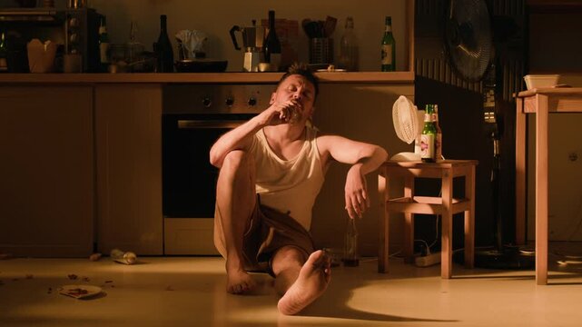 Young adult Caucasian man sitting on kitchen floor suffering from alcohol abuse and intoxication. Useful for substance addiction awareness campaigns and mental health rehabilitation projects