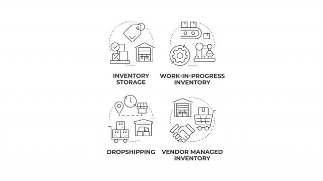 Streamlining retail supply chains animated line concept icon set. Optimizing corporate inventory. Scalable ecommerce operations. Flat linear graphics motion. Minimalist black outline animation pack