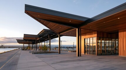 Obraz premium Modern wooden and glass waterfront building with covered walkways and paved plaza under clear sky