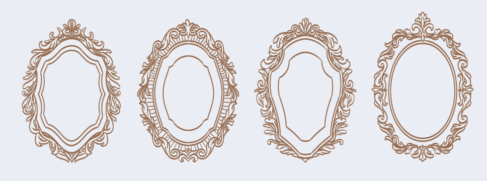 Whimsical baroque renaissance frames. Oval shapes with vintage victorian elegance decorated with whimsy lines and squiggles for wedding birthday invitation cards. Border with classic floral ornament.